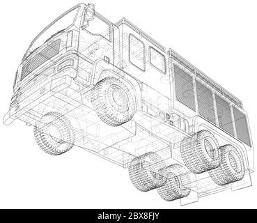 Vector Drahtrahmen Feuerwehrfahrzeug. Die Schichten von sichtbaren und unsichtbaren Linien werden getrennt. EPS10-Format. Vektor von 3d erstellt. Stock Vektor