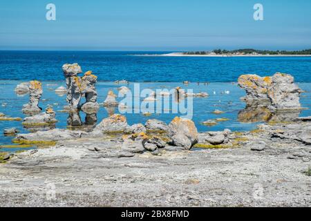 Gamla Hamn auf der Insel Fårö in Schweden. Die Insel Fårö in der Ostsee ist berühmt für ihre einzigartigen Kalksteinfelsen, die von den Einheimischen als „raukar“ bezeichnet werden Stockfoto