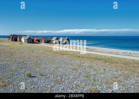 Fischerdorf Helgumannens auf der Insel Fåro in der Ostsee.Fårö und Gotland sind wichtige Reiseziele in schweden. Stockfoto