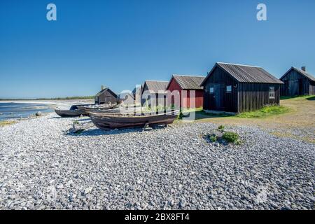 Fischerdorf Helgumannens auf der Insel Fåro in der Ostsee.Fårö und Gotland sind wichtige Reiseziele in schweden. Stockfoto