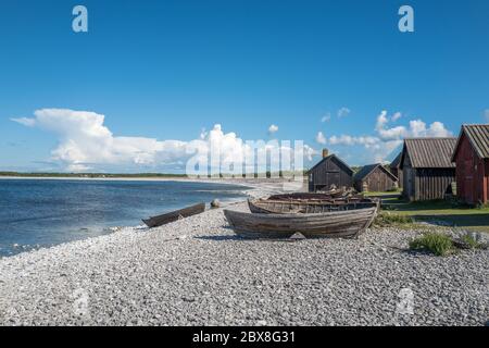 Fischerdorf Helgumannens auf der Insel Fåro in der Ostsee.Fårö und Gotland sind wichtige Reiseziele in schweden. Stockfoto