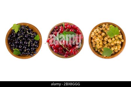 Set von verschiedenen Farben Johannisbeeren isoliert auf weißem Hintergrund ausgeschnitten. Weiße, rote und schwarze Johannisbeere in einer Holzschale mit Kopierfläche für Text. Draufsicht Stockfoto