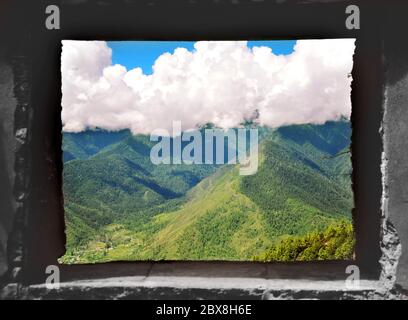 Blick durch das Fenster bei Paro Stockfoto