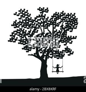 Mädchen auf einer Schaukel unter einem großen Baum bei Sonnenuntergang Vektor-Illustration EPS10 Stock Vektor