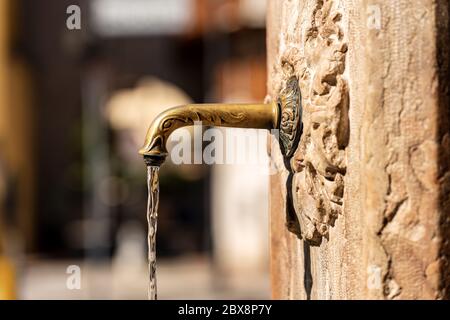 Extreme Nahaufnahme von Süßwasser, das aus einem Außenhahn in Form eines Tierkopfes fließt. Trento Stadt, Trentino Südtirol, Italien, Europa Stockfoto