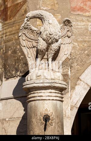 Stadt Trient, Nahaufnahme des Adlerbrunnens auf der Piazza del Duomo (Domplatz), Marmorskulptur (1850). Trentino-Südtirol, Italien, Europa Stockfoto