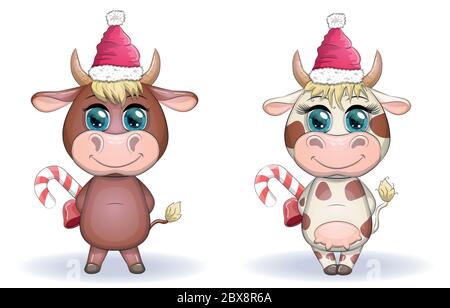 Niedliche Cartoon Kuh, Stier mit Weihnachtsbonbon und in einem roten Weihnachtsmann Hut, Symbol 2021 auf dem östlichen Kalender Stock Vektor