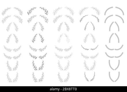 Set aus schwarz-weiß Silhouette kreisförmigen Lorbeer Blatt und Eichenkränze, die eine Auszeichnung, Leistung, Heraldik, Adel Stock Vektor
