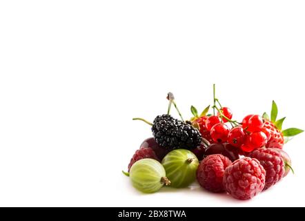 Früchte und Beeren auf weißem Hintergrund isoliert. Reife Johannisbeeren, Himbeeren, Kirschen, Erdbeeren, Stachelbeeren, Maulbeeren. Hintergrund der Mischung Obst Stockfoto