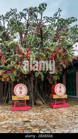 Segensdrums und Bodhi Wishing Tree im Dorf Ngong Ping auf der Insel Lantau, Hongkong Stockfoto