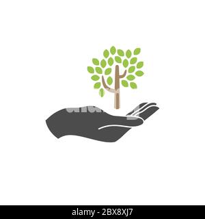 Wachstumskonzept Vektor-Symbol. Baum und Hand flachen Vektor-Symbol, Ökologie Stock Vektor