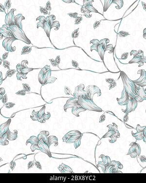 Florales Nahtloses Muster mit verschiedenen Blüten und Blättern. Schwarz-weiß Botanical Illustration handbemalt. Textildruck, Stoffmuster, Verpackung Stockfoto