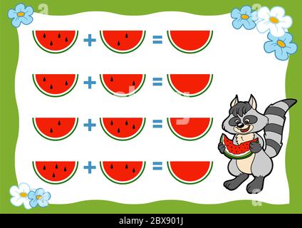 Zählspiel für Kinder im Kindergarten. Pädagogische ein mathematisches Spiel. Waschbär und Wassermelone. Arbeitsblätter hinzufügen. Stock Vektor