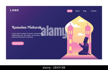 Ramadan Kareem Landing Page Moschee und Mann neugierigen Illustration Stock Vektor