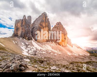 Drei Zinnen, Felsformation in den Dolomiten, Italien. Stockfoto