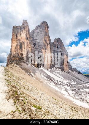 Drei Zinnen, Felsformation in den Dolomiten, Italien. Stockfoto