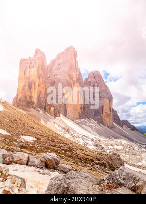 Drei Zinnen, Felsformation in den Dolomiten, Italien. Stockfoto