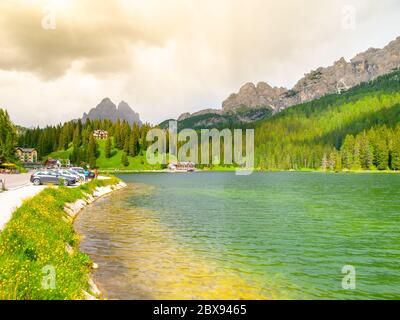 Tre Cime di Lavaredo. Blick vom Misurina See, Dolomiten, Italien. Stockfoto