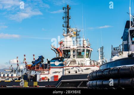 Gruppe von Schleppern im Hafen von La Spezia mit großen Kräne auf dem Hintergrund festgemacht. Ligurien, Italien, Europa Stockfoto