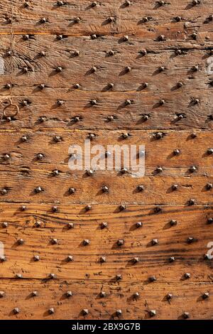 Extreme Nahaufnahme einer alten Holztür mit Stutenbesetzung. Bologna, Emilia-Romagna, Italien, Europa Stockfoto