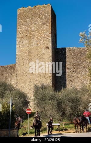 Mittelalterliches Dorf Monteriggioni. Nahaufnahme der umgebenden Mauer und eines der antiken Türme der Stadt. Siena Provinz, Toskana, Italien, Europa Stockfoto