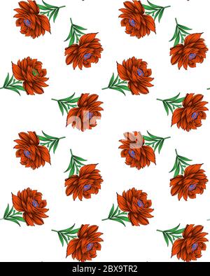 Nahtloses Muster mit Frühlingsblumen und Blättern. Handgezeichneter Hintergrund. Blumenmuster für Tapete oder Stoff. Blumenrosen. Botanische Kachel. Stockfoto