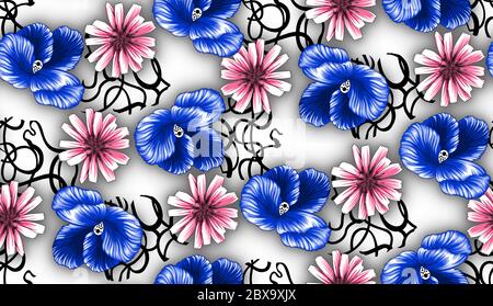 Nahtloses Muster mit Frühlingsblumen und Blättern. Handgezeichneter Hintergrund. Blumenmuster für Tapete oder Stoff. Blumenrosen. Botanische Kachel. Stockfoto