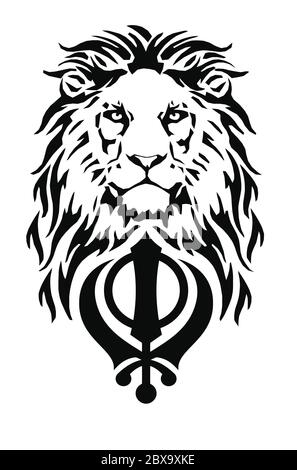 Der Löwe und das bedeutendste Symbol des Sikhismus - Zeichen von Khanda, Zeichnung für Tätowierung, auf weißem Hintergrund, Vektor Stock Vektor