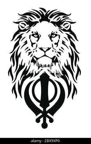 Der Löwe und das bedeutendste Symbol des Sikhismus - Zeichen von Khanda, Zeichnung für Tätowierung, auf weißem Hintergrund, Vektor Stock Vektor