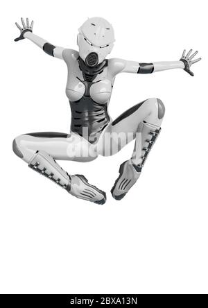 Super Soldat weiblich tun einen Comic Spinne springen. Dieser super Cyborg in Clipping-Pfad ist sehr nützlich für grafische Design-Kreationen, 3d-Illustration Stockfoto