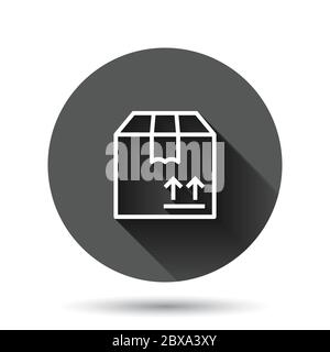 Versandkarton in flachem Stil. Container Vektor Illustration auf schwarzem runden Hintergrund mit langen Schatten-Effekt. Karton Paket Kreis Taste busi Stock Vektor