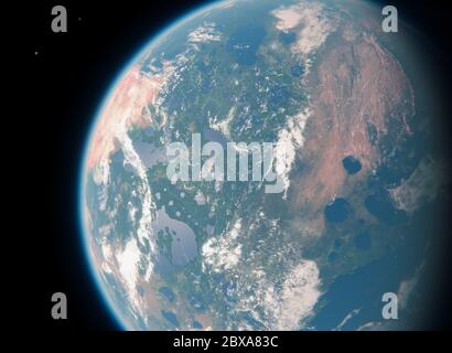 Bewohnbare blaue Erde wie Planet mit zwei Monden und Sonne im Weltraum - bewohnbarer Exoplanet mit zwei Monden - Alien Life in Universe Stockfoto