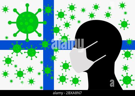Mensch mit Mundschutz Masken oder Mundschutz umgeben von Viren mit FINNLAND-Flagge Stockfoto