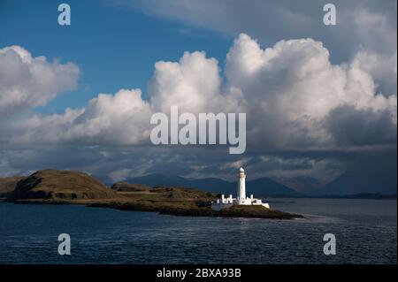 Leuchtturm Eilean Musdile an der Südspitze der Isle of Lismore von Oban nach Craignure, Mull Fähre Stockfoto