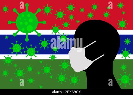 Mensch mit einem Mund Gesicht Masken oder Mund Abdeckung mit Virus mit GAMBIA Flagge umgeben Stockfoto