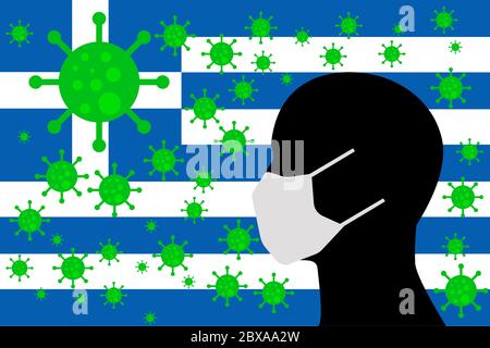 Mensch mit einem Mund Gesicht Masken oder Mund Abdeckung mit Virus mit GRIECHENLAND-Flagge umgeben Stockfoto