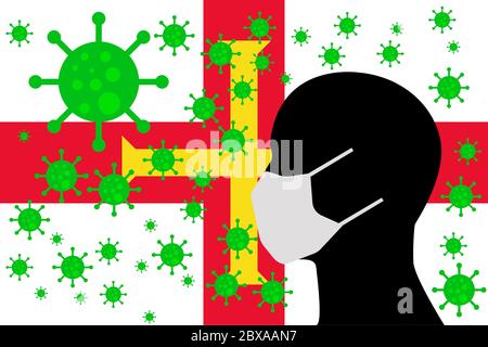 Mensch mit einem Mund Gesicht Masken oder Mund Cover mit Virus mit GUERNSEY Flagge umgeben Stockfoto