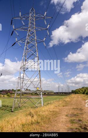 Strommasten, Deeside, North Wales Stockfoto