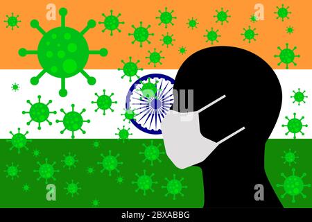 Mensch mit einem Mund Gesicht Masken oder Mund Abdeckung mit Virus mit INDIEN Flagge umgeben Stockfoto
