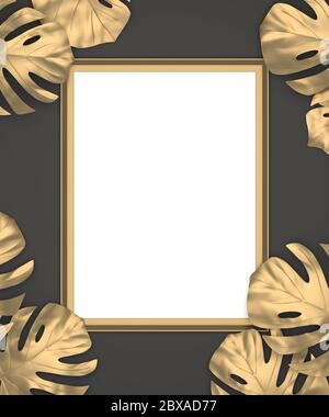 Modell aus goldenem Rahmen mit leerem Kopierraum in schwarzem Wandhintergrund mit goldenen tropischen Blättern in den Rändern, 3d-Illustration Stockfoto