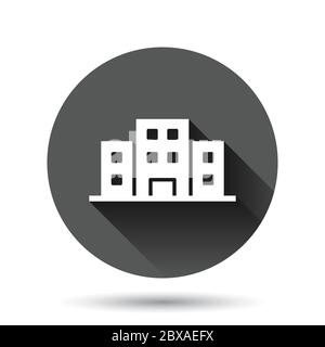 Bürogebäude Schild Symbol in flachem Stil. Wohnung Vektor-Illustration auf schwarzem runden Hintergrund mit langen Schatten-Effekt. Architektur Kreis Schaltfläche b Stock Vektor