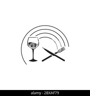 wineglass mit gekreuzten Messer und Gabel Logo Design Konzept Stock Vektor