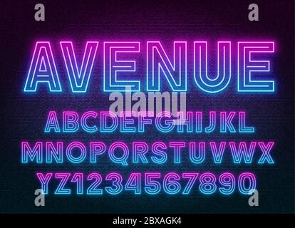 Rosa Blau Gradient Neon Alphabet auf einem dunklen Hintergrund . Großbuchstaben und Zahlen. Stock Vektor