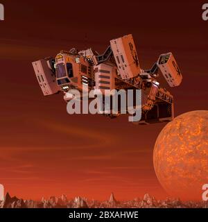 Frachtschiff auf dem mars schwimmend, 3d-Illustration Stockfoto