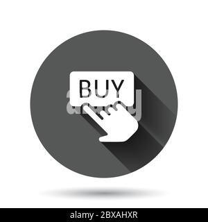 Kaufen Sie Icon im flachen Stil. Finger-Cursor-Vektor-Illustration auf schwarzem runden Hintergrund mit langem Schatten-Effekt. Klicken Sie auf die Schaltfläche Kreis Schaltfläche Geschäft Stock Vektor