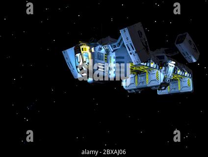 Frachtschiff auf den Sternen schwimmend, 3d-Illustration Stockfoto