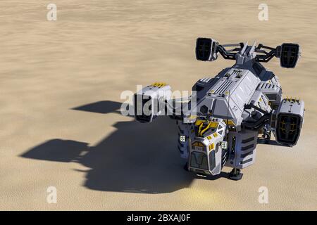 Frachtschiff landete auf der Wüste Draufsicht, 3d-Illustration Stockfoto