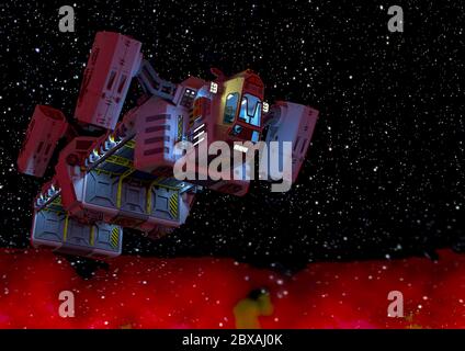 Frachtschiff im Weltraum schwimmend, 3d-Illustration Stockfoto