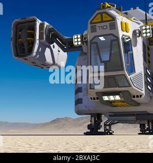 Frachtschiff auf dem blauen Himmel Wüste Nahaufnahme, 3d-Illustration Stockfoto