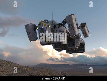 Raumschiff auf der Wüste fliegen und erkunden, 3d-Illustration Stockfoto